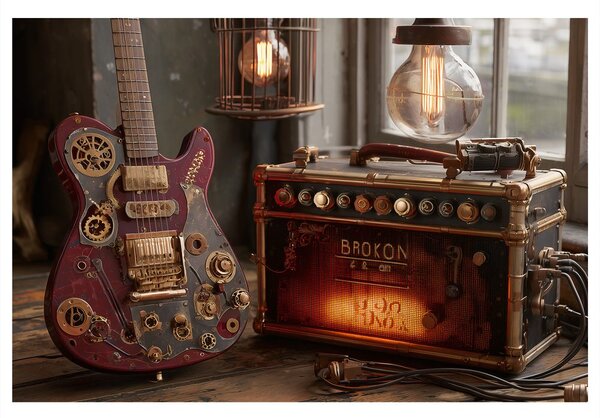 Obraz gitara s retro zosilňovačom