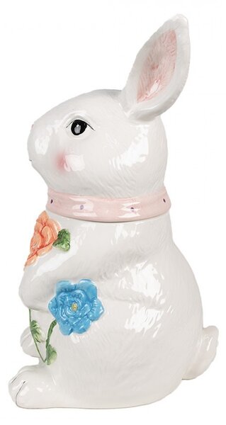Biela keramická úložná nádoba králik s kvetmi - 16*15*29 cm - Clayre & Eef