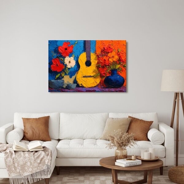 Obraz gitara a váza s kvetmi
