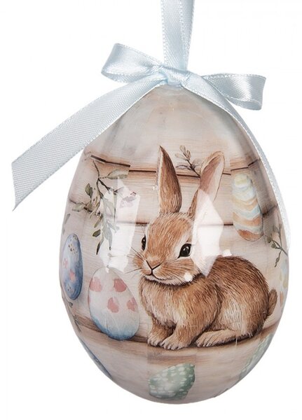 6ks dekorácie biele a béžové závesné vajíčko s zajačikmi Spring Egg - Ø 7*10 cm - Clayre & Eef