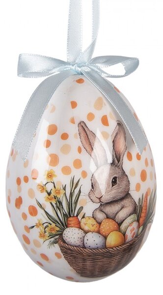 6ks dekorácie biele a béžové závesné vajíčko s zajačikmi Spring Egg - Ø 7*10 cm - Clayre & Eef