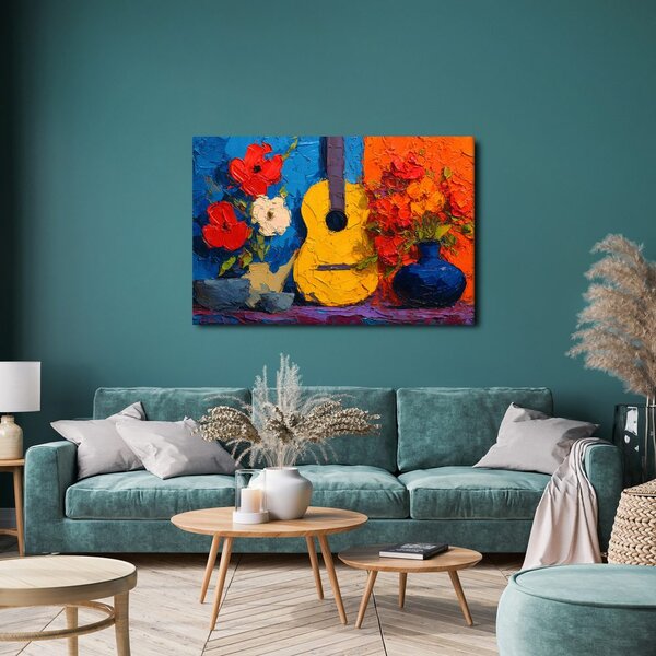 Obraz gitara a váza s kvetmi