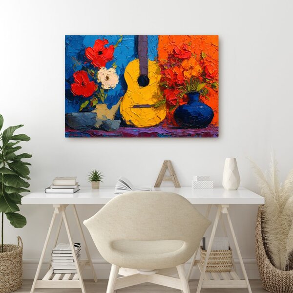 Obraz gitara a váza s kvetmi