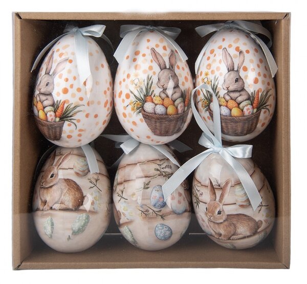 6ks dekorácie biele a béžové závesné vajíčko s zajačikmi Spring Egg - Ø 7*10 cm - Clayre & Eef