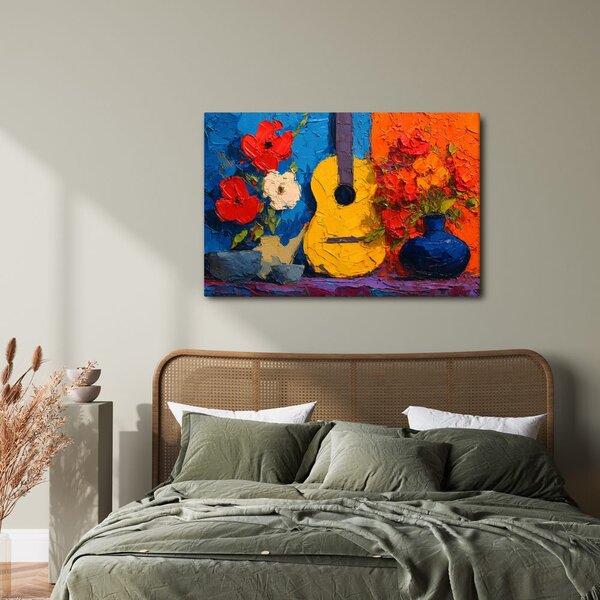 Obraz gitara a váza s kvetmi