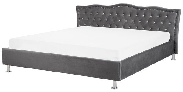 Posteľ tmavosivá zamatové čalúnenie 180 x 200 cm prešívané čelo s gombíkmi moderný glamour štýl spálňa