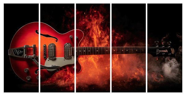 5-dielny obraz horiaca gitara v plameňoch
