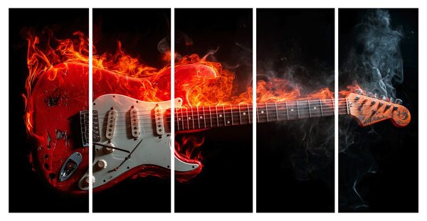 5-dielny obraz ohnivá gitara v plameňoch