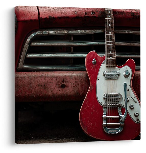 Obraz červená gitara pred autom