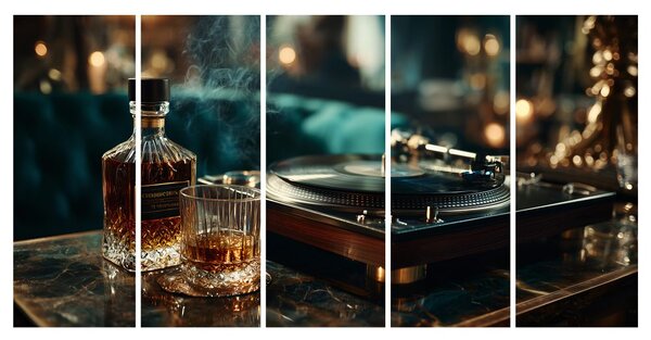 5-dielny obraz elegancia whisky a gramofónu