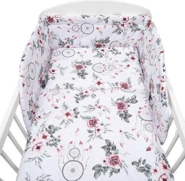 3-dielne posteľné obliečky New Baby 90/120 cm biele kvety a pierka