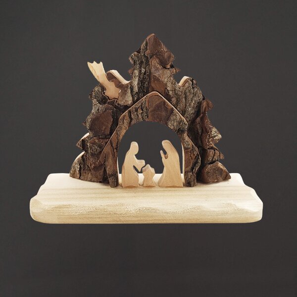 AMADEA Drevený betlehem s kôrou, masívne drevo, 13x10x3 cm