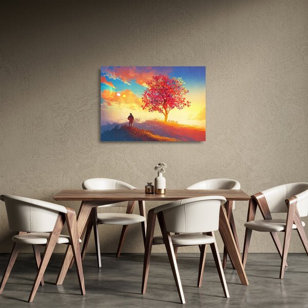 Sklenený obraz stromu na kopci (70x50 cm)