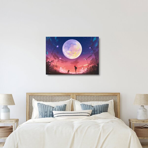Sklenený obraz - Žena a pes pri splne (70x50 cm)