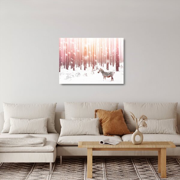 Sklenený obraz - Zebra v zasneženom lese (70x50 cm)
