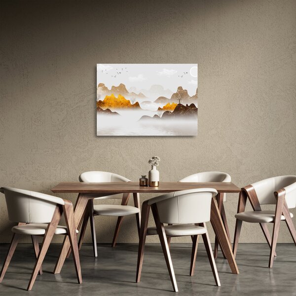 Sklenený obraz - Hory v hmle (70x50 cm)