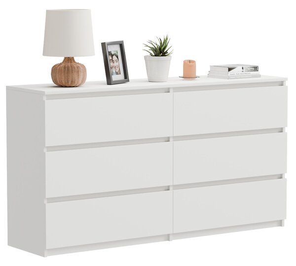 Komoda, biela, matný povrch, 120 cm, moderný klasický štýl, s 6 zásuvkami, vhodná do obývačky, kancelárie a spálne