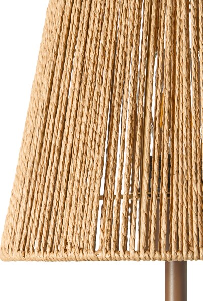 Stojaca lampa hnedá tienidlo z papierovej šnúry kovový železný podstavec matný povrch moderný boho štýl obývacia izba spálňa