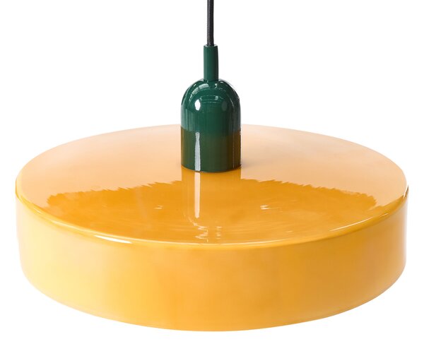 Závesná lampa oranžová sklenené tienidlo okrúhly tvar moderný retro štýl obývacia izba kuchyňa jedáleň