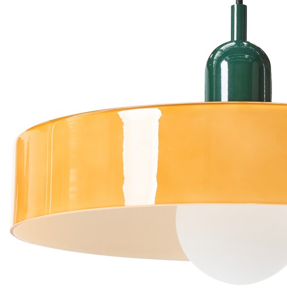 Závesná lampa oranžová sklenené tienidlo okrúhly tvar moderný retro štýl obývacia izba kuchyňa jedáleň