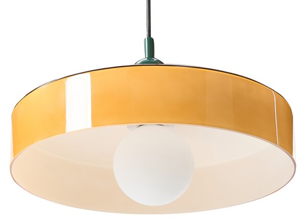 Závesná lampa oranžová sklenené tienidlo okrúhly tvar moderný retro štýl obývacia izba kuchyňa jedáleň