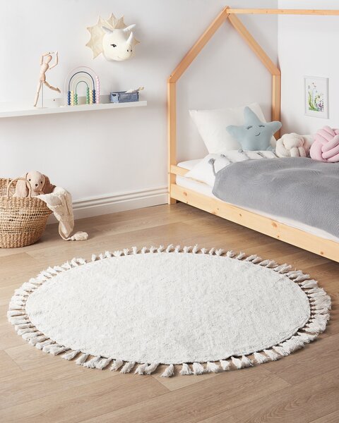 Bavlnený koberec so strapcami biely 120 cm okrúhly boho štýl obývacia izba detská izba