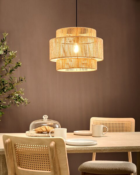 Závesná lampa prírodná papierová šnúra matná čierna základňa boho štýl obývacia izba jedáleň