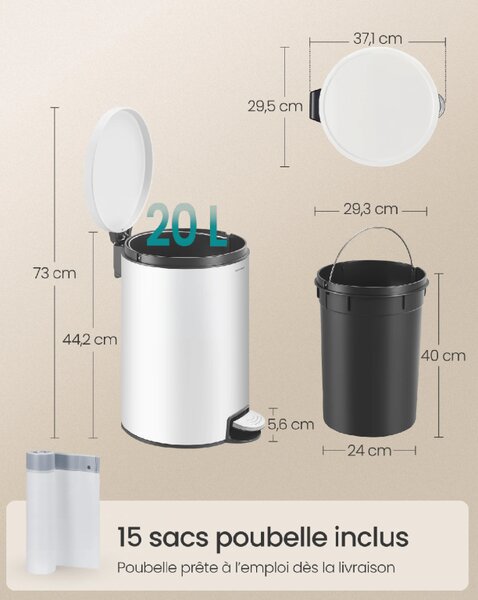 SONGMICS Kruhový odpadkový kôš s pedálom, plastový vnútorný vedro s tichým zatváraním, 20 l, biela