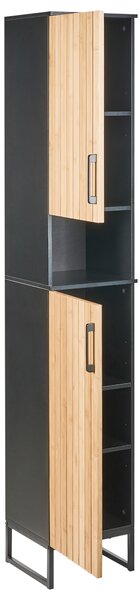 Stojaca kúpeľňová skrinka svetlohnedá čierna bambusové drevo MDF oceľ 170 x 30 cm s 6 policami úložný priestor moderný štýl kúpeľňa