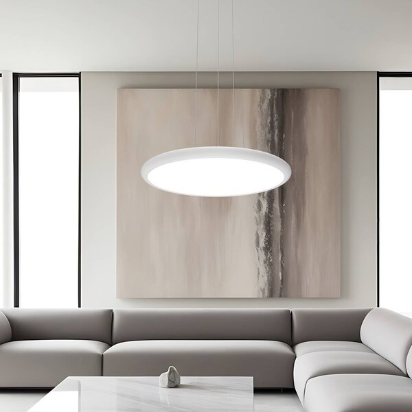 LED závesné svietidlo Benett, biela, Ø 50 cm, kov/akryl, Biela / opálová, Obývacia izba / jedáleň, Hliník, Moderný, Závesné svietidlo
