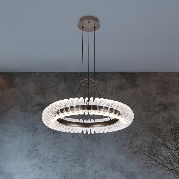 Viokef LED závesné svietidlo Alba, sivá brúsená/číra, Ø 60 cm, kov/akryl, Jasné / priehľadné, Obývacia izba / jedáleň, Plast, Moderný, Závesné svietidlo