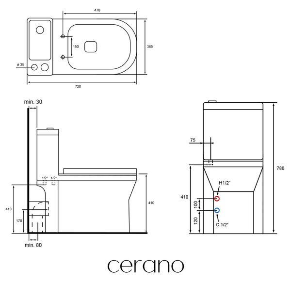 CERANO - WC súprava kombi s umývadielkom Hygisink, Rimless + UF WC doska - spodný/zadný odpad - lesklá biela + nízka batéria Bina - chróm - 71,5x36 cm