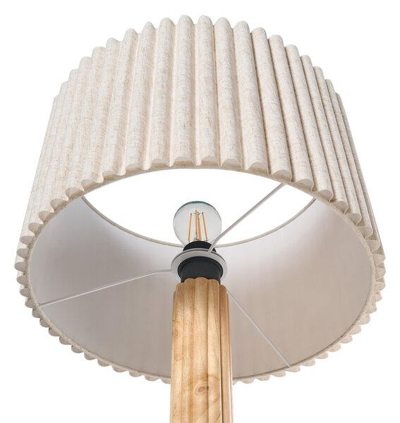 Stojaca lampa svetlobéžová ľan látkové tienidlo podstavec z kaučukového dreva moderný škandinávsky štýl obývacia izba spálňa