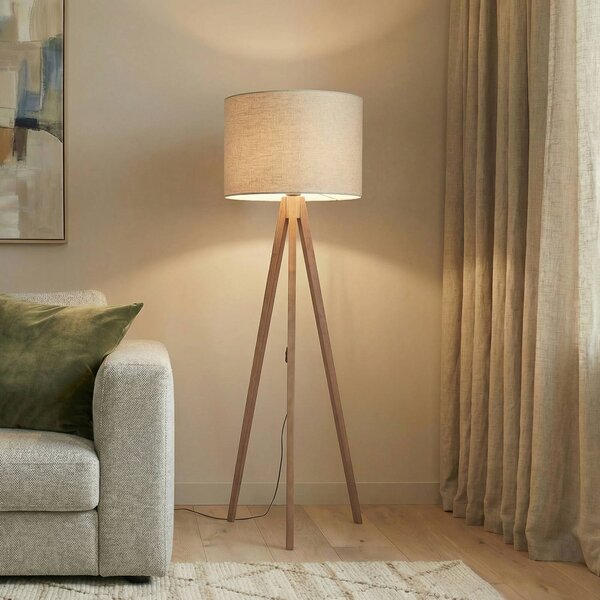 TK Lighting Stojacia lampa Grand, béžová/orech, výška 145 cm, E27, Tmavé drevo, Obývacia izba / jedáleň, Drevo, Moderný, Stojaca lampa
