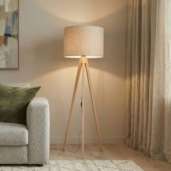 Stojacia lampa Grand, béžová/borovica, výška 145 cm, E27, Svetlé drevo, Obývacia izba / jedáleň, Drevo, Moderný, Stojaca lampa