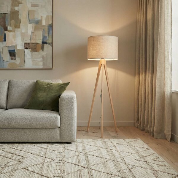 Stojacia lampa Grand, béžová/borovica, výška 145 cm, E27, Svetlé drevo, Obývacia izba / jedáleň, Drevo, Moderný, Stojaca lampa