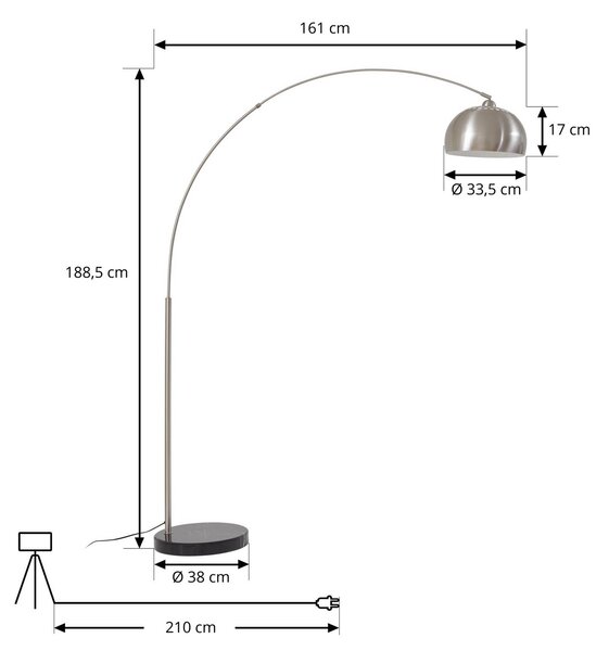 Lindby Oblúkové svietidlo Hernando, nikel, oceľ, výška 188 cm, Hliník / sivá / zinok, Obývacia izba / jedáleň, kov, Moderný, Oblúková stojaca lampa