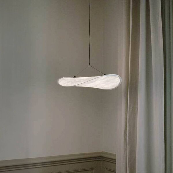 LED závesné svietidlo New Works Tense, Ø 55 cm, biele, stmievateľné, Biela / opálová, Obývacia izba / jedáleň, Textil / látka / hodváb, Škandinávsky, Závesné svietidlo