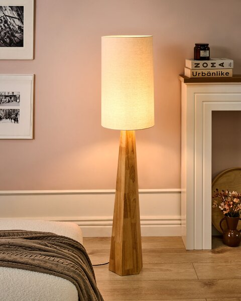 Stojaca lampa prírodná kaučukové drevo béžové látkové tienidlo moderný štýl obývacia izba spálňa