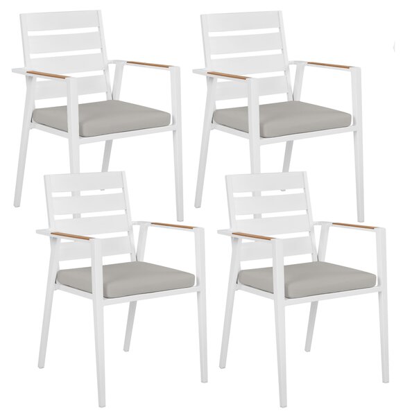 Sada 4 záhradných stoličiek biely hliníkový rám sivé podušky na sedenie lamelové operadlo moderný dizajn