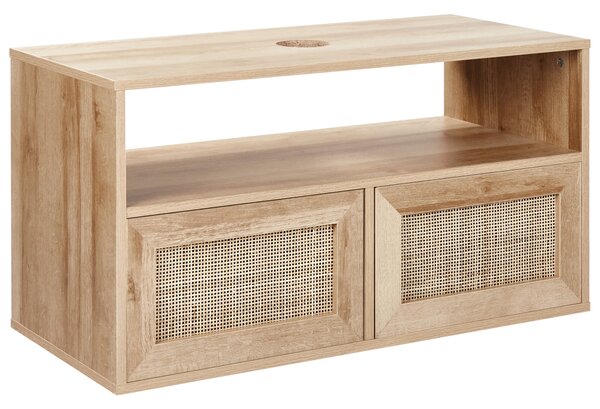 Závesná kúpeľňová skrinka pod umývadlo svetlé drevo drevotrieska ratanové čelo 86 x 45 cm boho dizajn