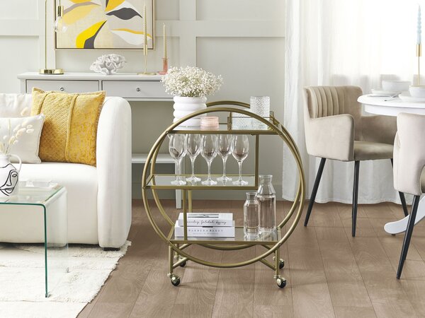 Kuchynský vozík zlatý kovový rám sklenená doska 50 x 34 cm okrúhly na kolieskach úložný priestor glamour obývacia izba