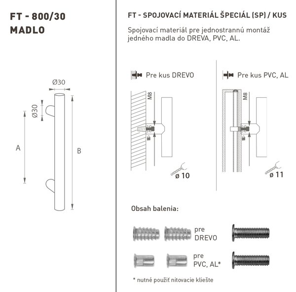 MPkovania FT - MADLO kód K00 Ø 30 mm SP ks Rozteč madla: 210 mm, Rozmer profilu madla: Ø 30 mm, Dĺžka: 300 mm