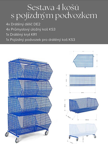Priemyselný úložný kôš KS3, kompletný set 4 košov na kolieskach