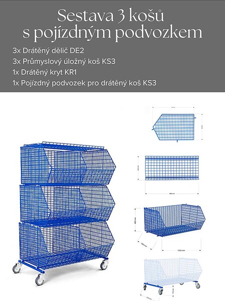Priemyselný úložný kôš KS3, kompletný set 3 košov na kolieskach