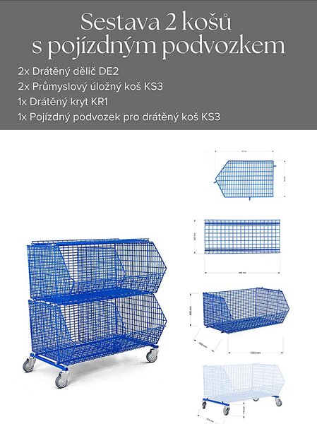 Priemyselný úložný kôš KS3, kompletný set 2 košov na kolieskach