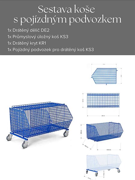 Priemyselný úložný kôš KS3, kompletný set 1 koša na kolieskach
