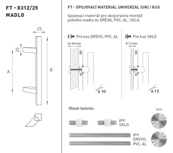 MPkovania FT - MADLO kód K31Z 25x25 mm UN ks Rozteč madla: 210 mm, Rozmer profilu madla: 25x25 mm, Dĺžka: 400 mm