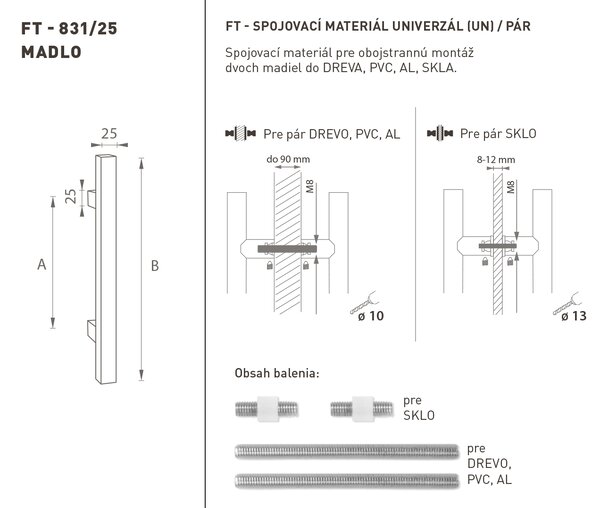 MPkovania FT - MADLO kód K31 25x25 mm UN pár Rozteč madla: 210 mm, Rozmer profilu madla: 25x25 mm, Dĺžka: 400 mm