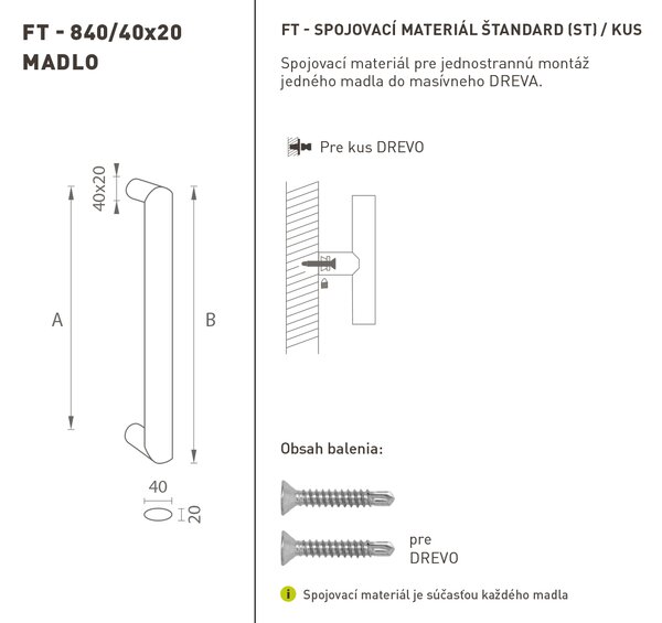 MPkovania FT - MADLO kód K40 40x20 mm ST ks Rozteč madla: 350 mm, Rozmer profilu madla: 40x20 mm, Dĺžka: 370 mm